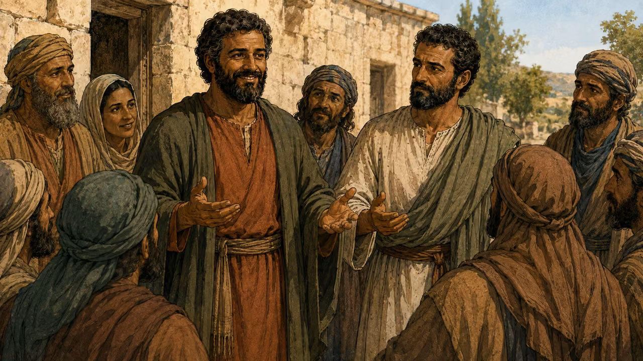 Listeners follow Paul and Barnabas outside to continue the conversation.