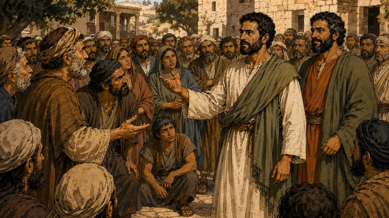A large crowd gathers as Paul and Barnabas answer opposition.