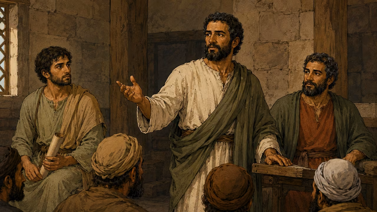 Paul speaks in a synagogue with Barnabas nearby and Mark assisting.