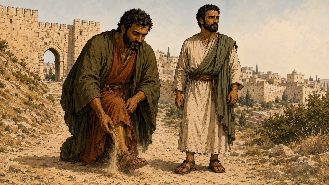 Paul and Barnabas shake dust from their sandals on the road out of the city.