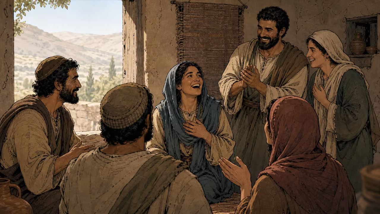 Disciples gather with joyful, steady expressions in a modest home.