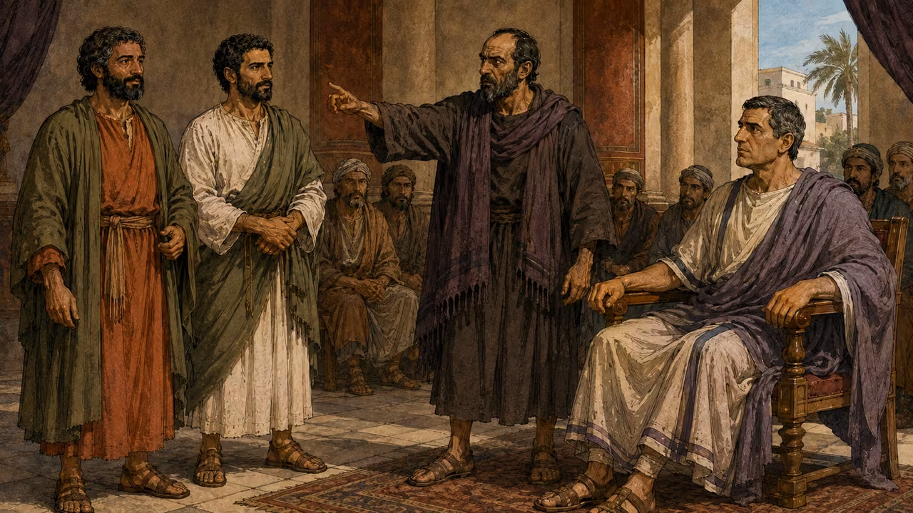 Elymas interrupts the audience between Paul, Barnabas, and Sergius Paulus.