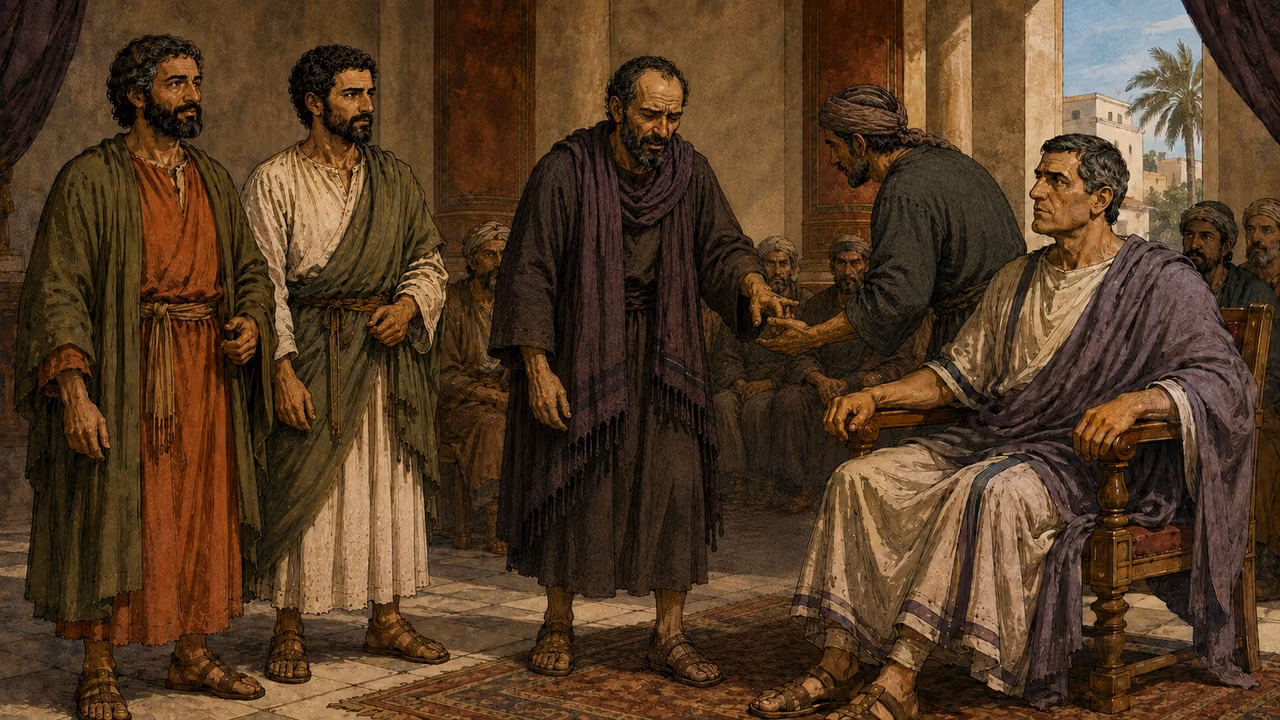 Elymas reaches for a guiding hand while Sergius Paulus watches.