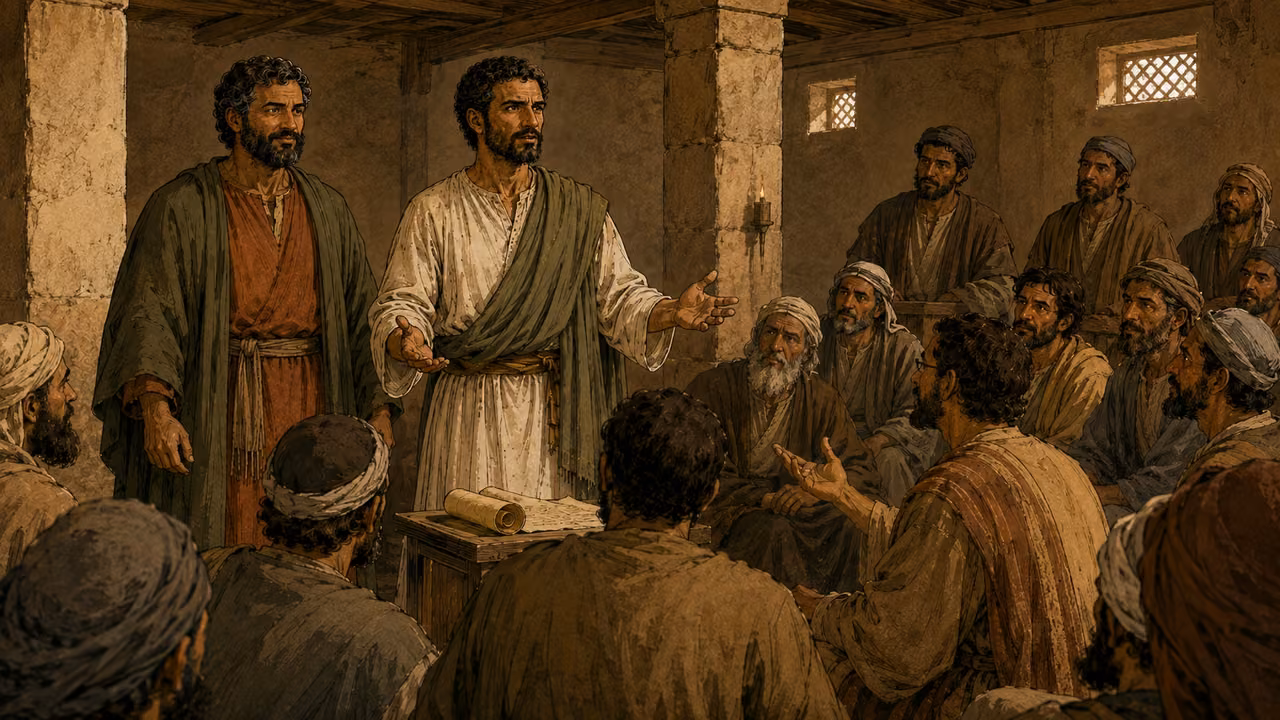 Paul and Barnabas speak to an assembly in Iconium.