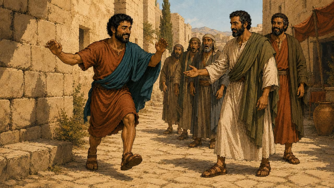 The man stands and steps forward as Paul and the crowd watch.