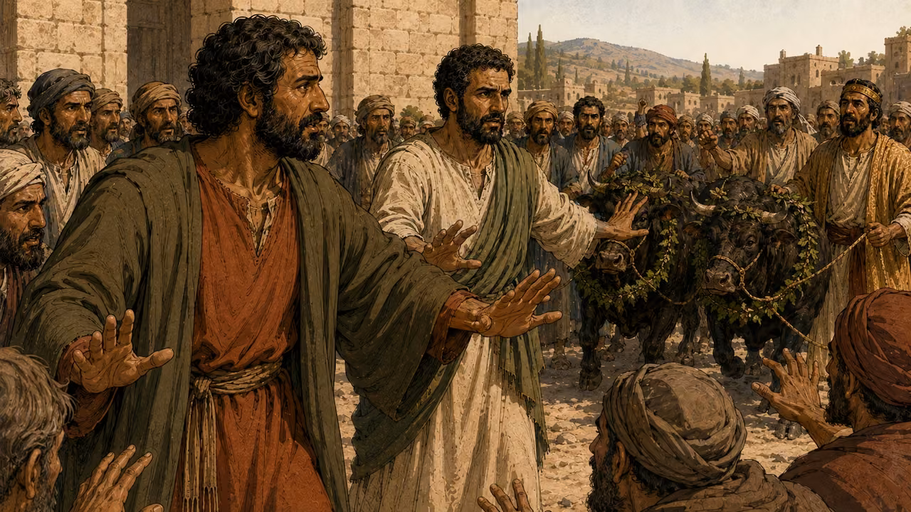 Paul and Barnabas urgently appeal to the crowd to stop the sacrifice.