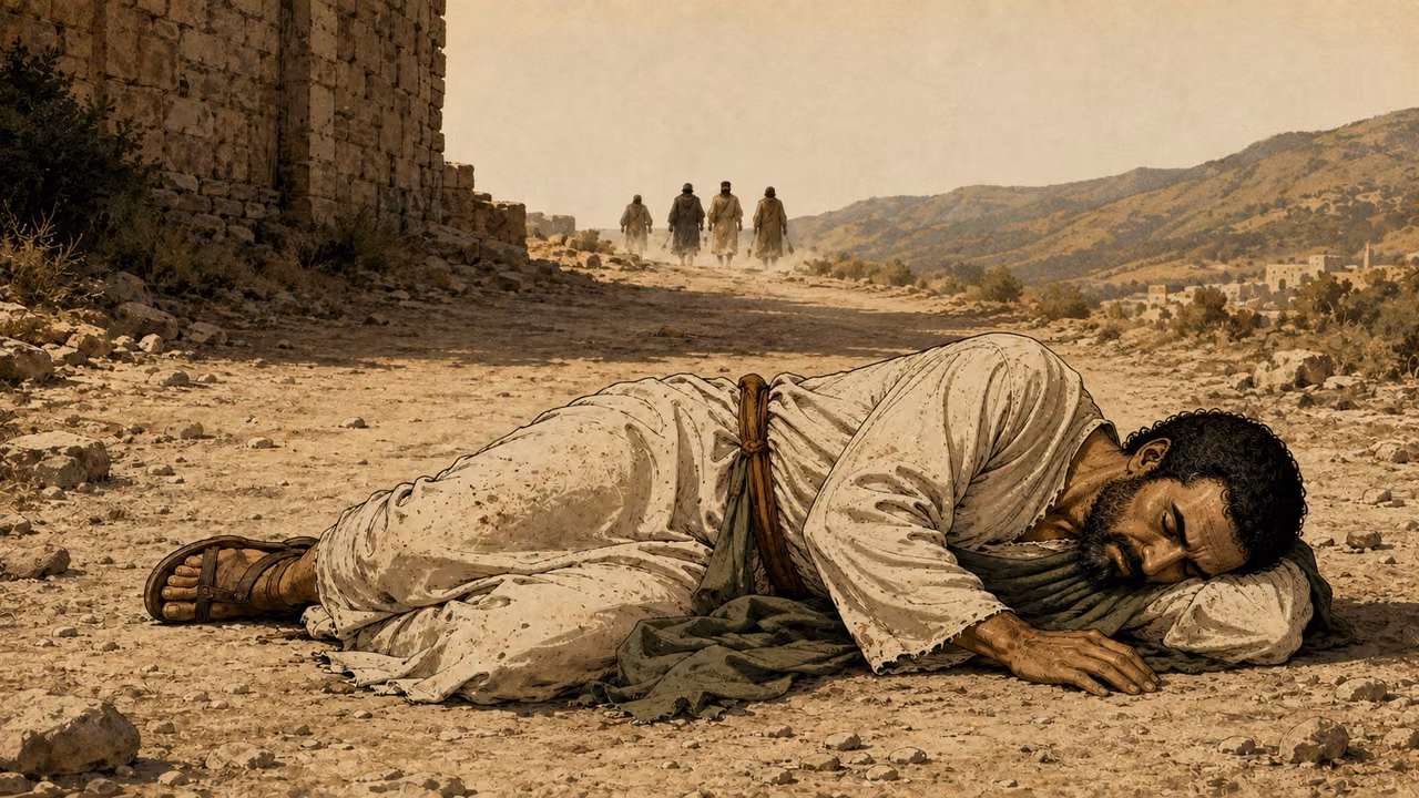 Paul lies motionless on the ground outside the city wall.