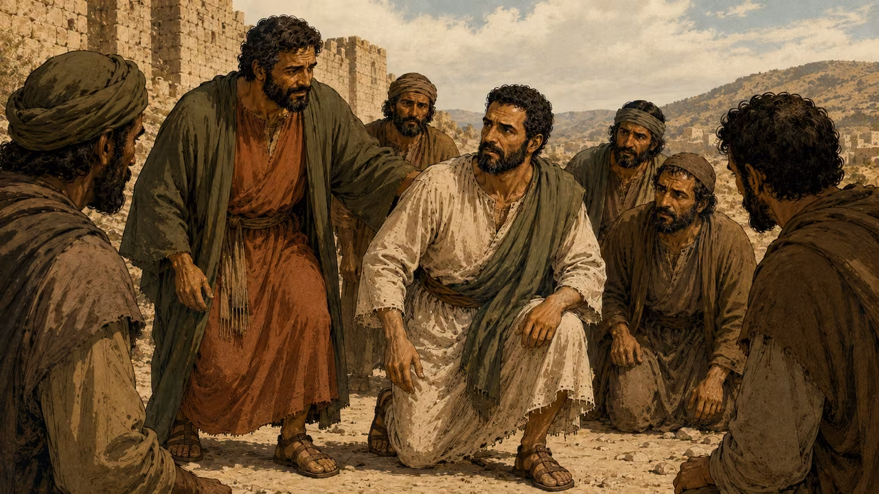 Disciples gather around Paul as he rises outside the city.