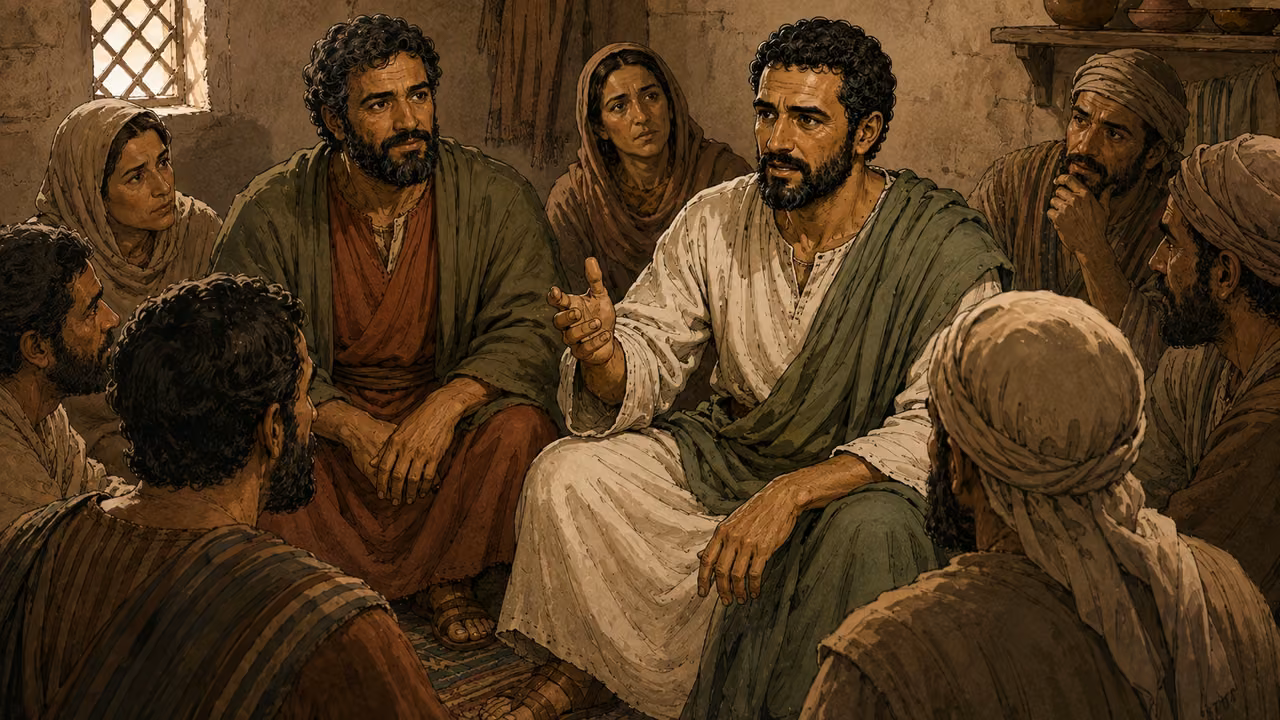Paul and Barnabas encourage disciples gathered in a home.