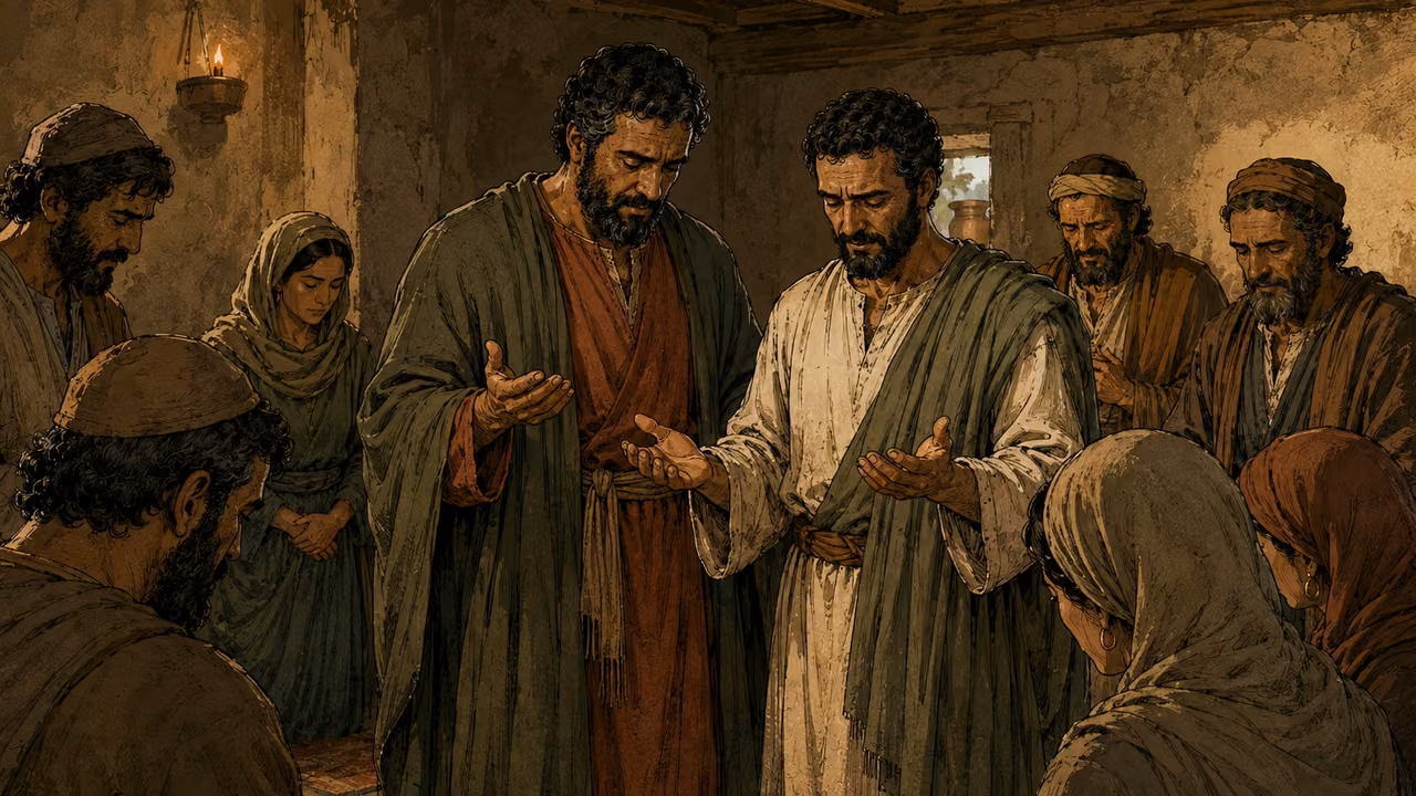 Paul and Barnabas pray with elders and the gathered believers.