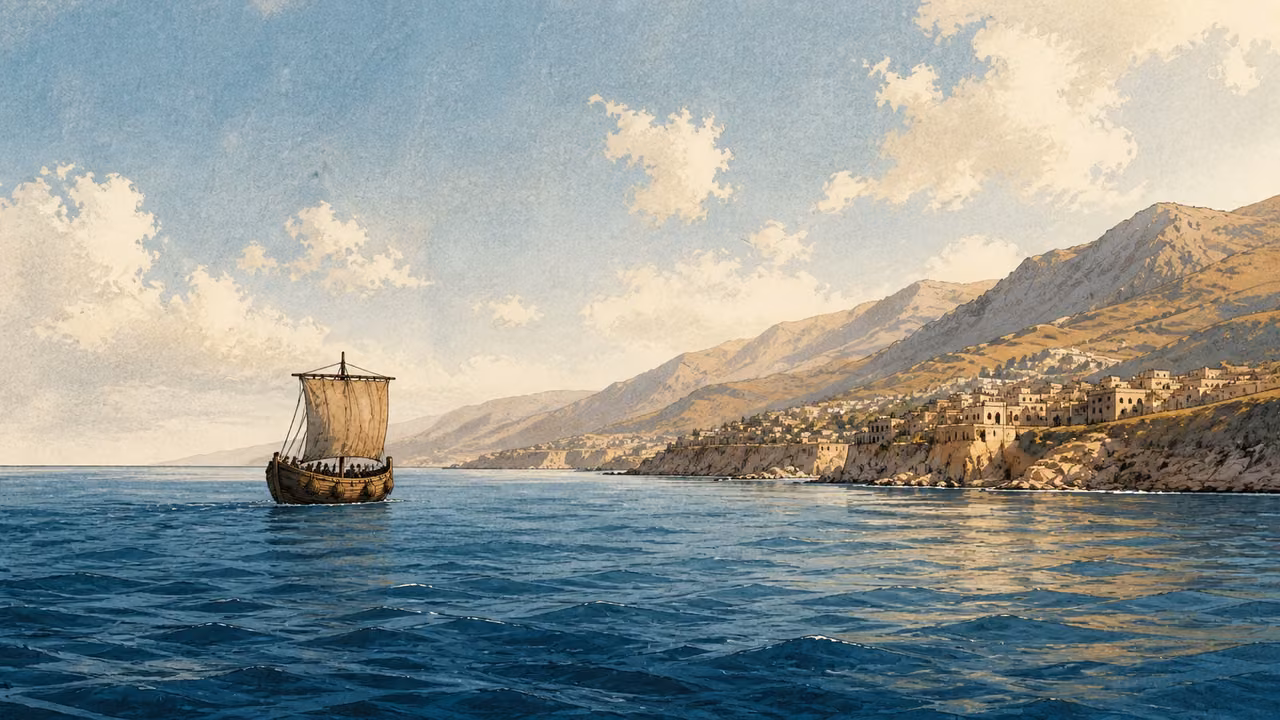 A wooden sailing vessel crosses calm water toward the coast.