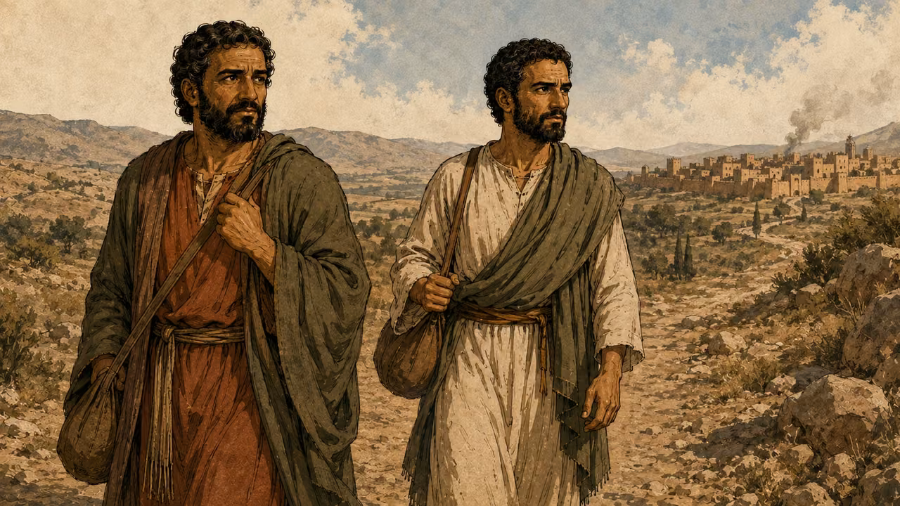 Paul and Barnabas leave Iconium along a dusty road.