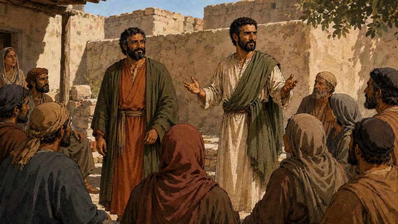 Paul and Barnabas address listeners in a town courtyard.