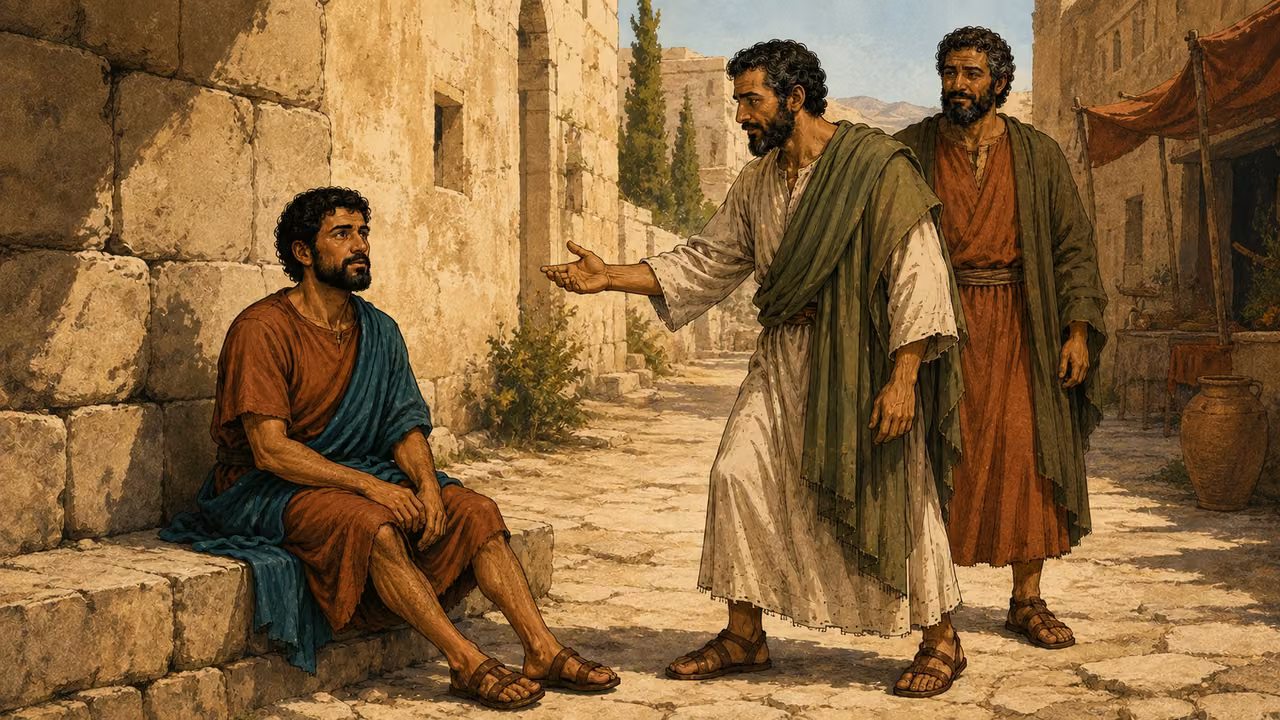 A seated man in Lystra listens closely as Paul looks toward him.