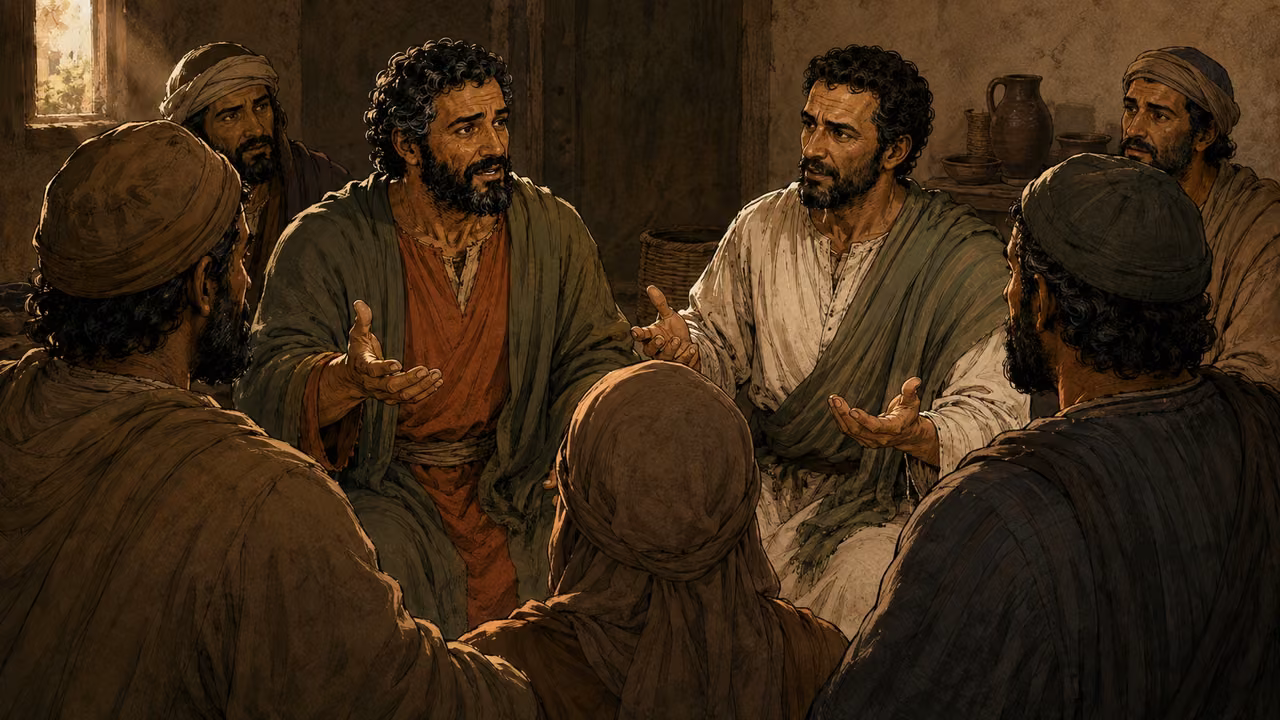 Paul and Barnabas debate with visitors before the gathered church.