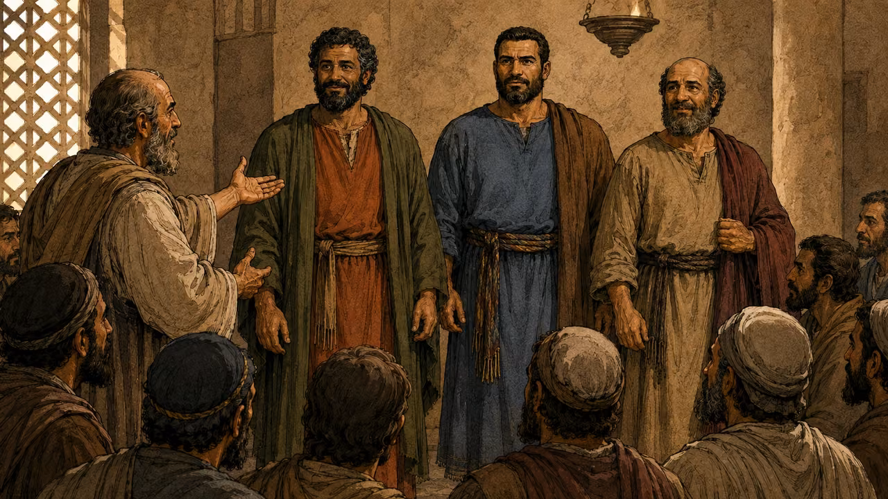 Paul and Barnabas stand beside Silas and Judas before the church.