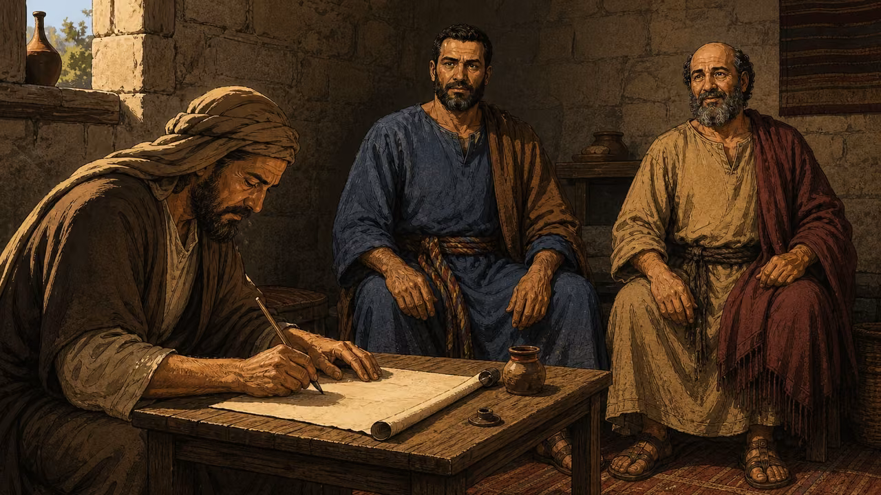 A letter is prepared while Silas and Judas wait nearby.