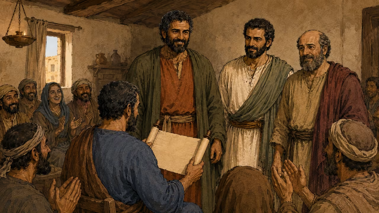Silas reads the letter to an encouraged gathering in Antioch.