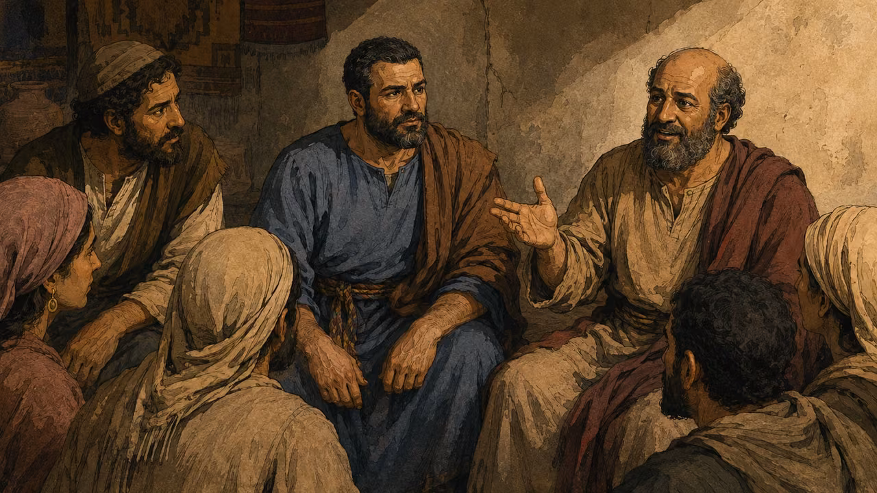 Judas and Silas encourage the believers gathered around them.