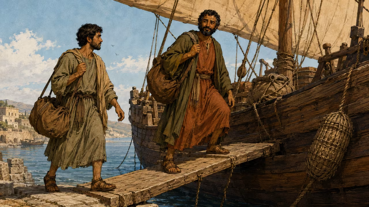 Barnabas and Mark board a vessel together.