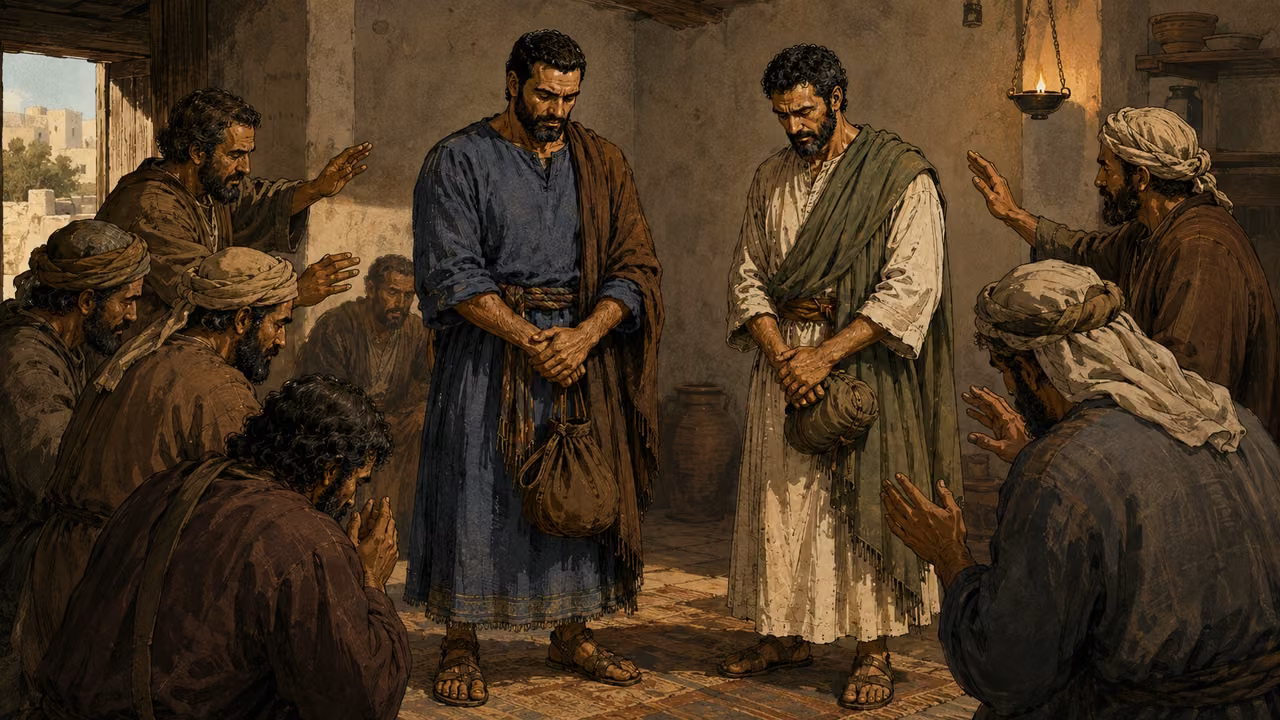 Believers pray with Paul and Silas before their departure.