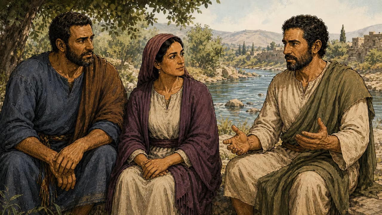 Lydia listens to Paul beside the river.