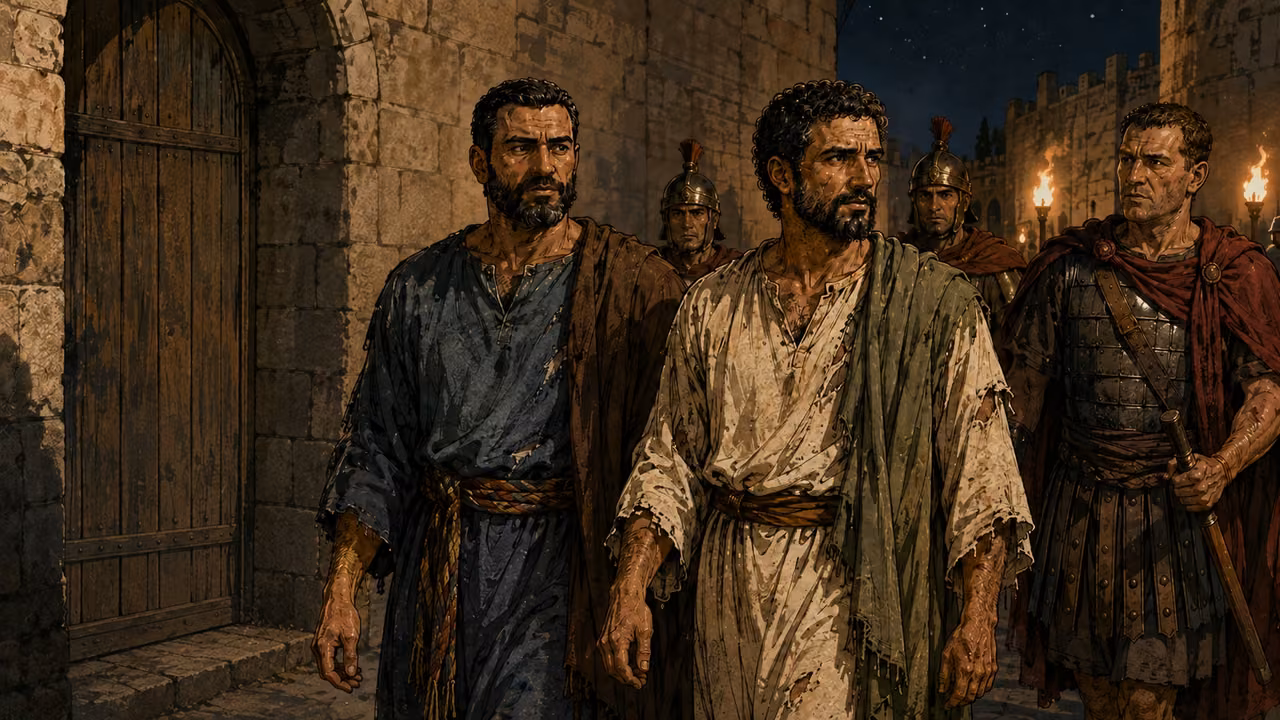 Guards lead the injured Paul and Silas away to prison.