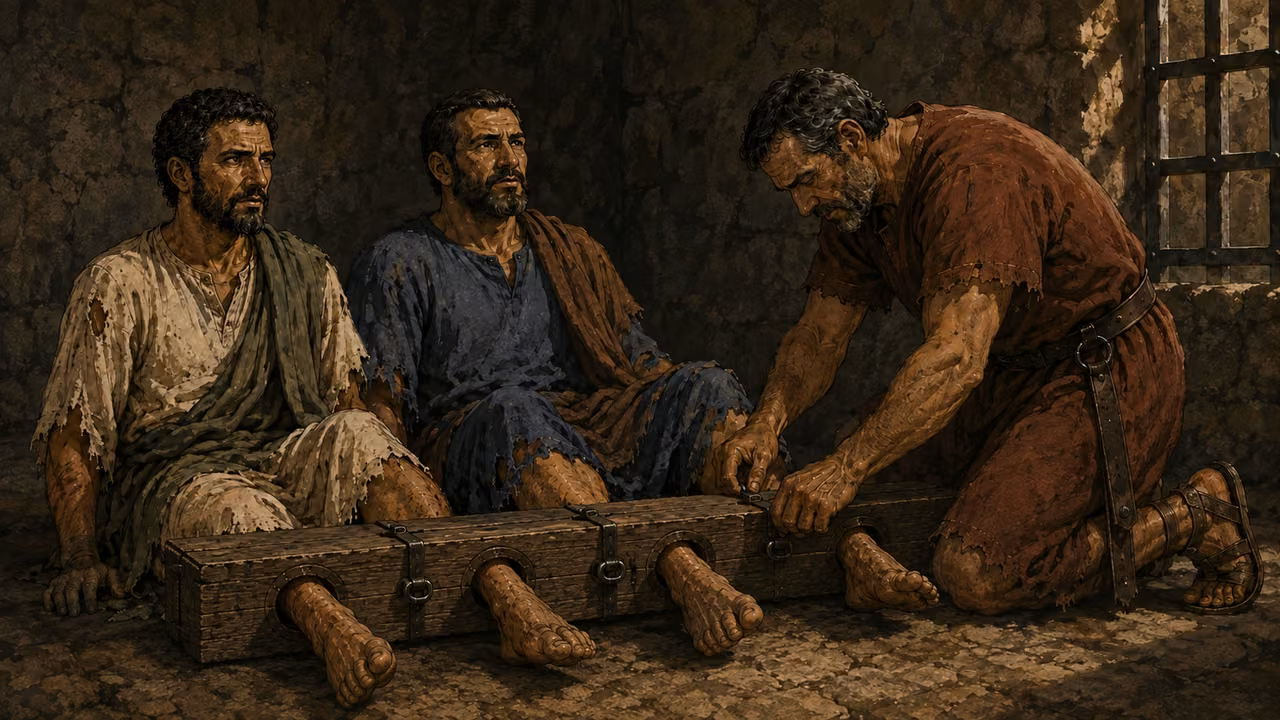 The jailer secures Paul and Silas in the inner prison.