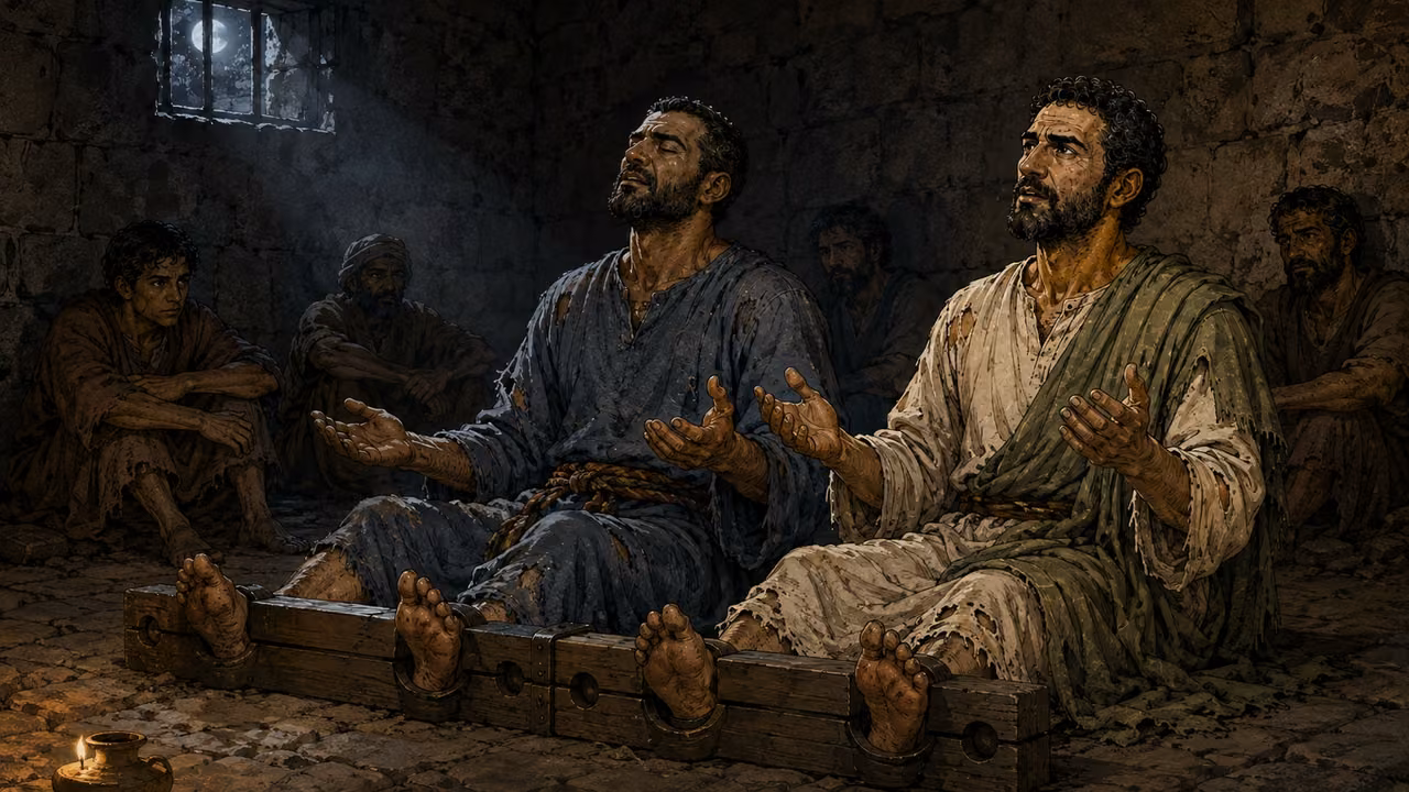 Paul and Silas pray and sing while other prisoners listen.