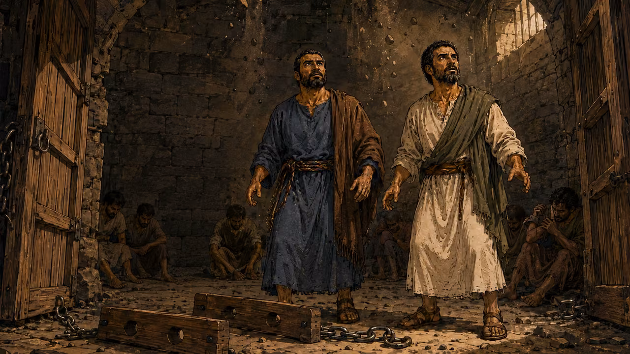 An earthquake opens the doors and unfastens the prisoners’ chains.