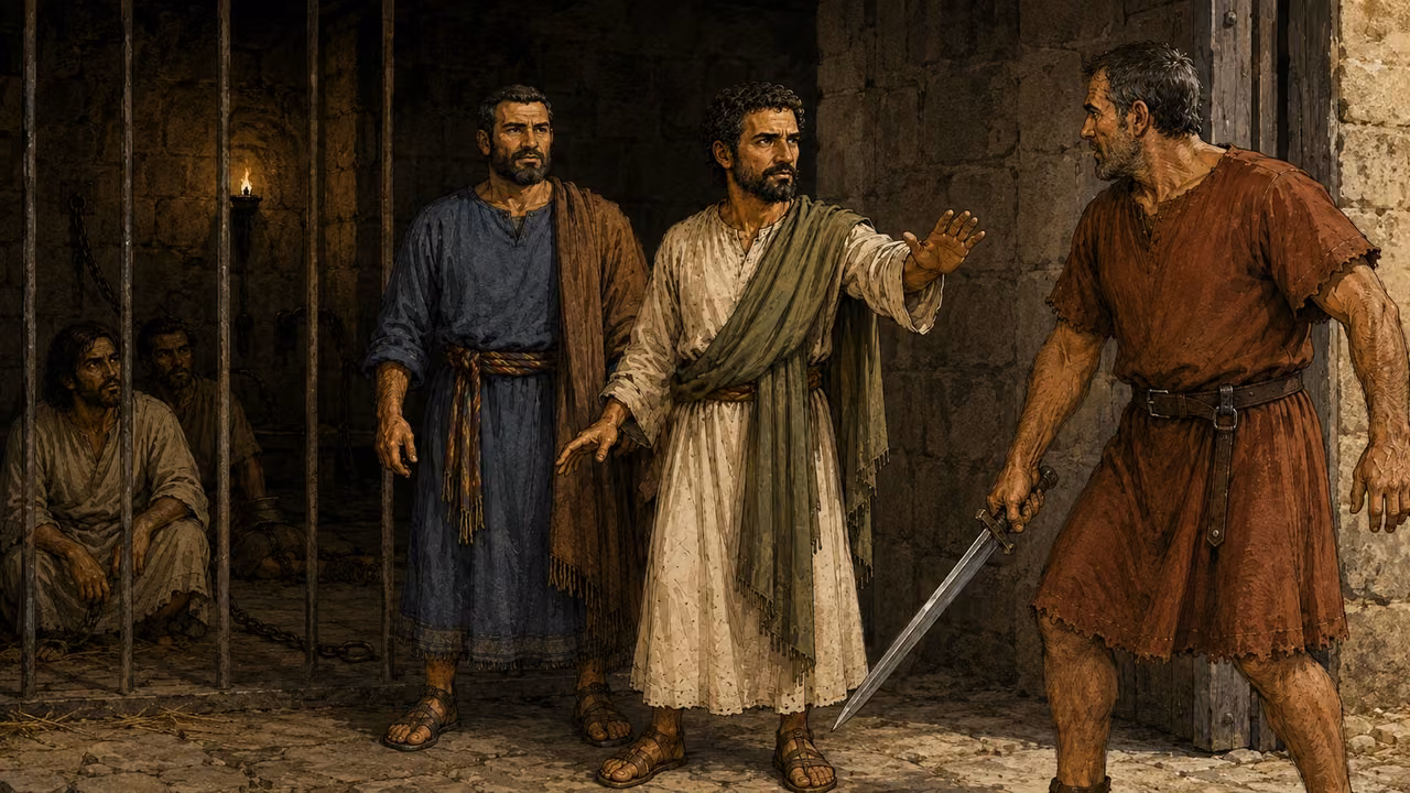 Paul calls out to stop the frightened jailer from harming himself.