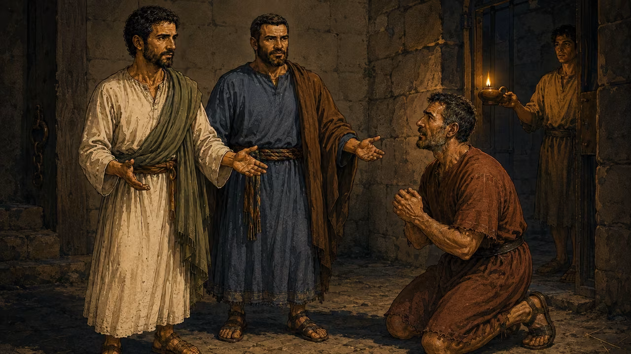 The jailer seeks salvation, and Paul and Silas tell him about the Lord Jesus.