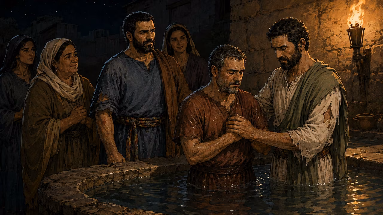 After washing their wounds, the jailer and his household are baptized.