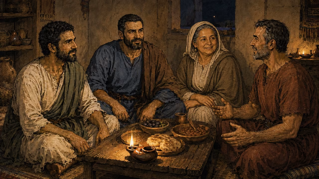 The jailer and his household rejoice over a meal with Paul and Silas.
