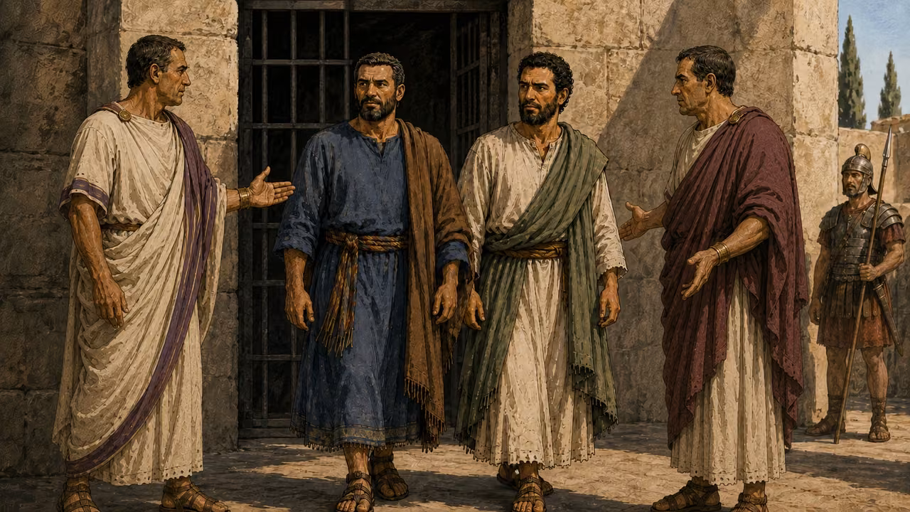 The magistrates come in person and lead Paul and Silas out.