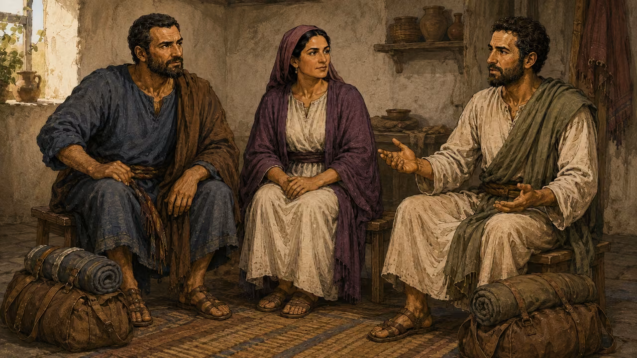 Paul and Silas encourage the believers at Lydia’s house before leaving.