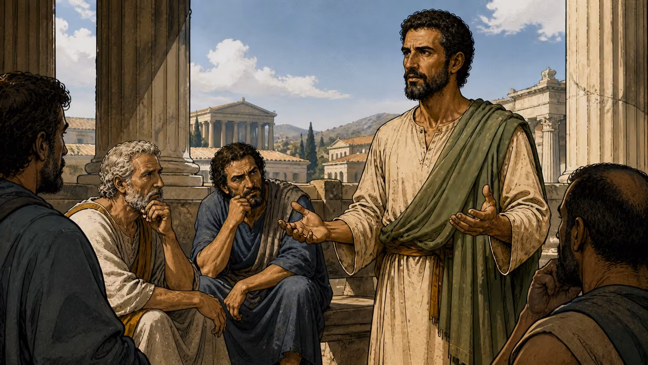 Paul discusses Jesus and the resurrection with people in the marketplace.