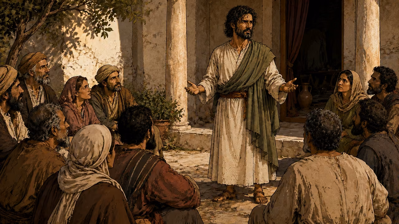 Paul teaches a growing gathering of men and women in a Corinth house courtyard; warm afternoon light, focused listeners, single scene.