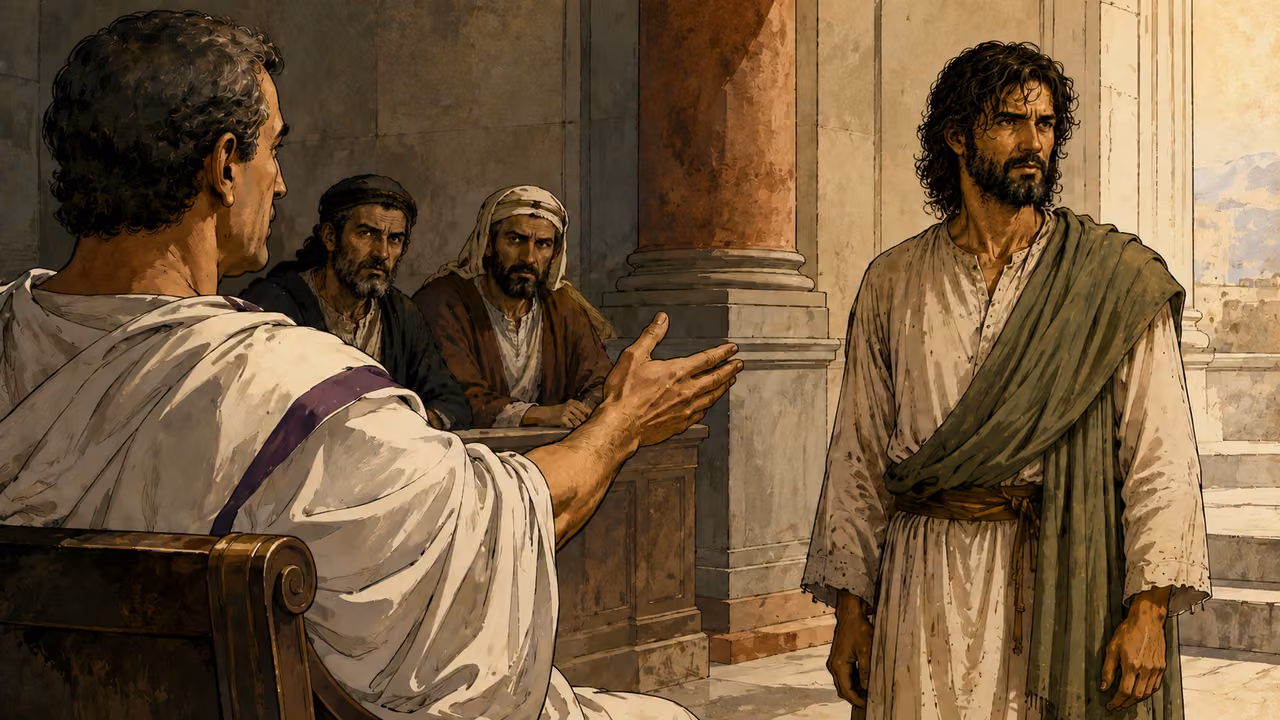 Paul stands silently before the Corinth civic tribunal while a Roman proconsul in white toga with narrow purple border gestures dismissively toward two accusers.