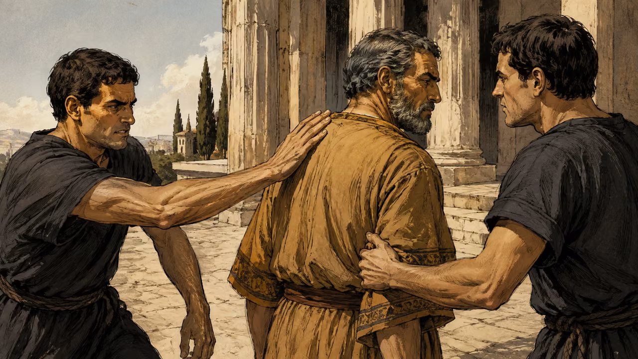 At the outer edge of a first-century civic tribunal two hostile men seize a synagogue ruler in an ochre tunic, one striking his shoulder with an open hand.