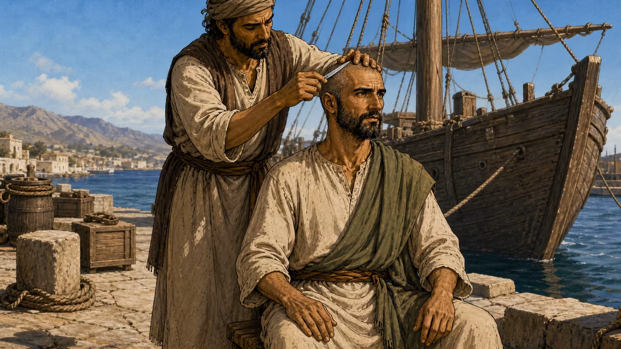 At Cenchreae harbor Paul sits on a low stool as a barber carefully shaves his head with an ancient razor.
