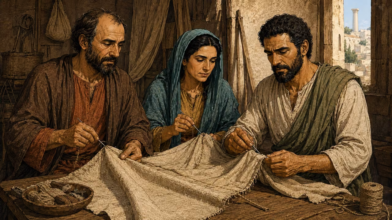 Paul, Aquila and Priscilla work together at a wooden table sewing coarse tent cloth inside a modest Corinth workshop.