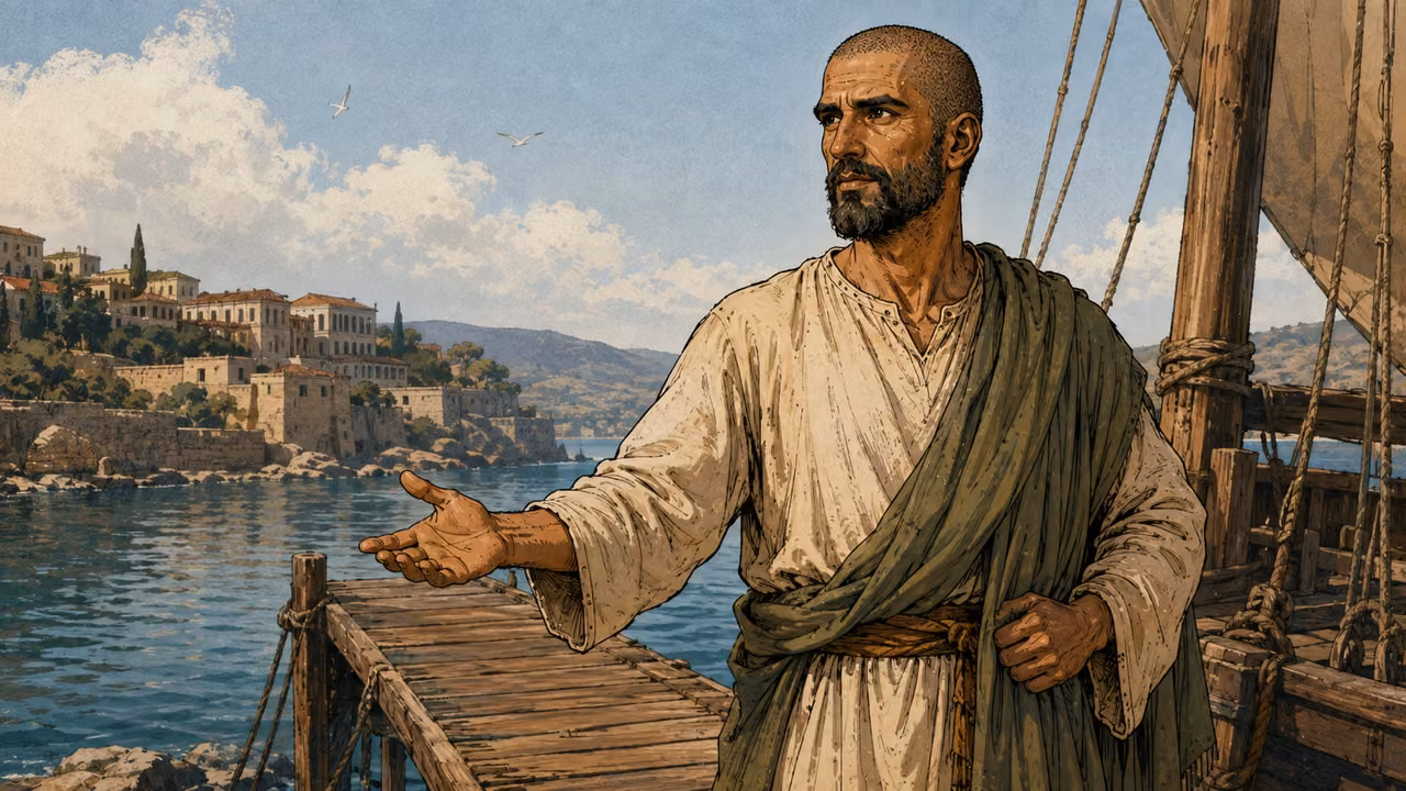 Paul takes leave of Ephesian listeners at a wooden ship gangplank, open farewell hand.
