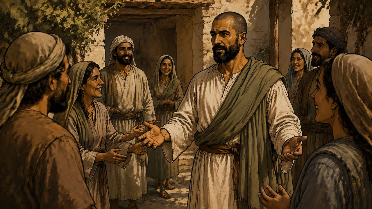 Paul greets welcoming believers in a Judean church house courtyard following his landing at Caesarea.