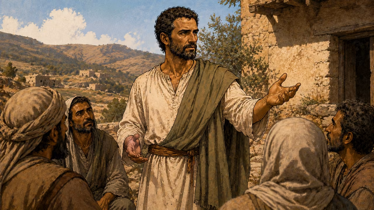 Paul speaks encouragingly to disciples beside a modest inland village house in Galatia or Phrygia, travel cloak and dusty sandals, low upland hills.