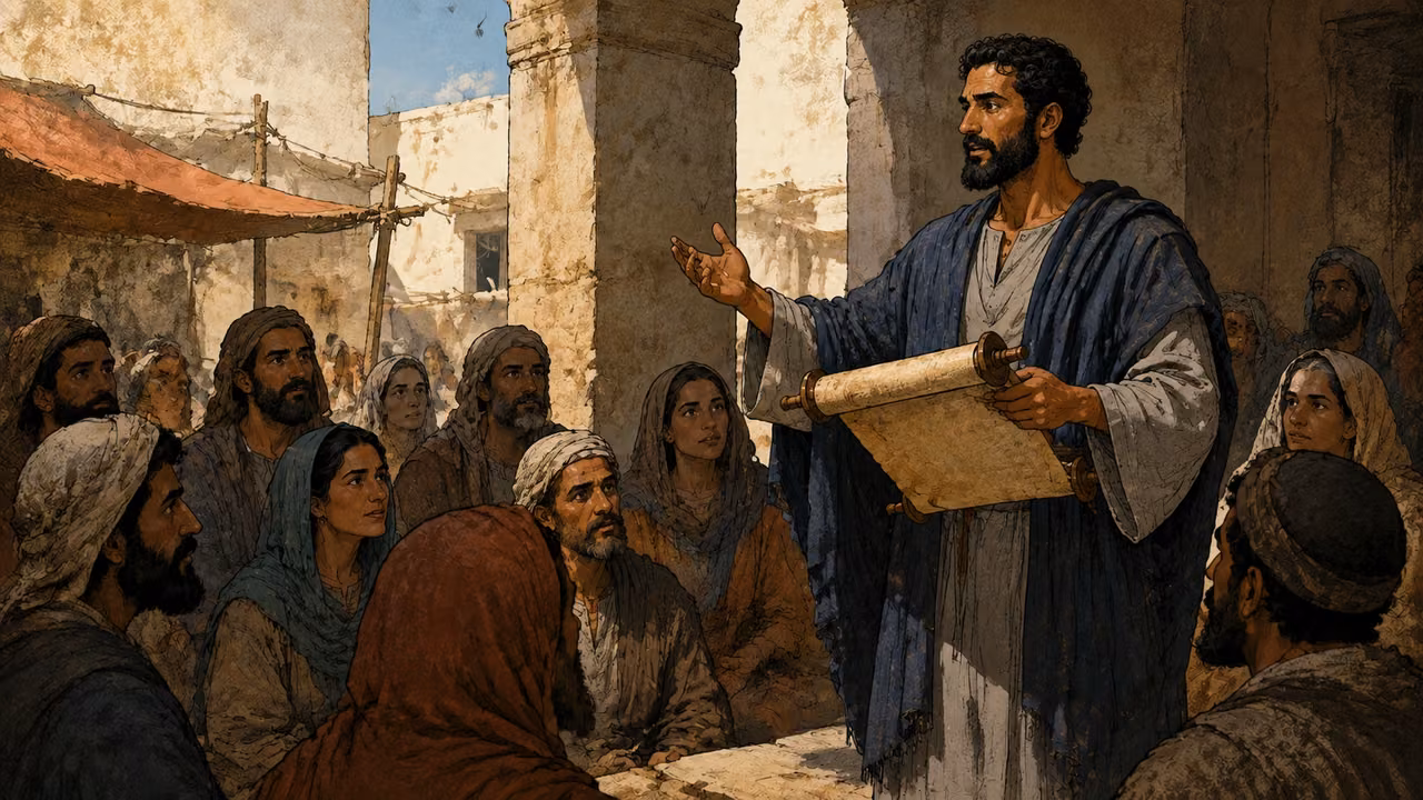 Apollos teaches earnestly from an open scroll to listeners in Ephesus, one upright eloquent speaker, no Paul, Aquila or Priscilla.