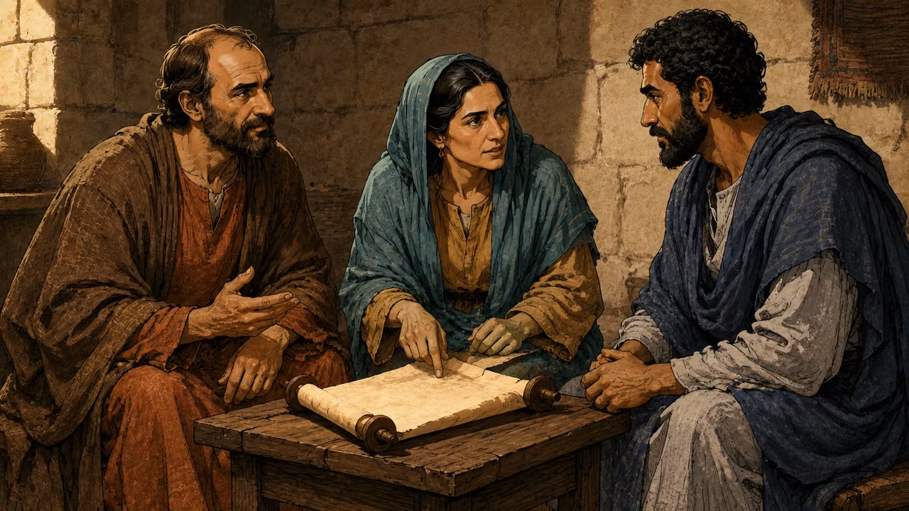 Priscilla and Aquila privately explain the way of God to attentive Apollos around a small table after the synagogue gathering.