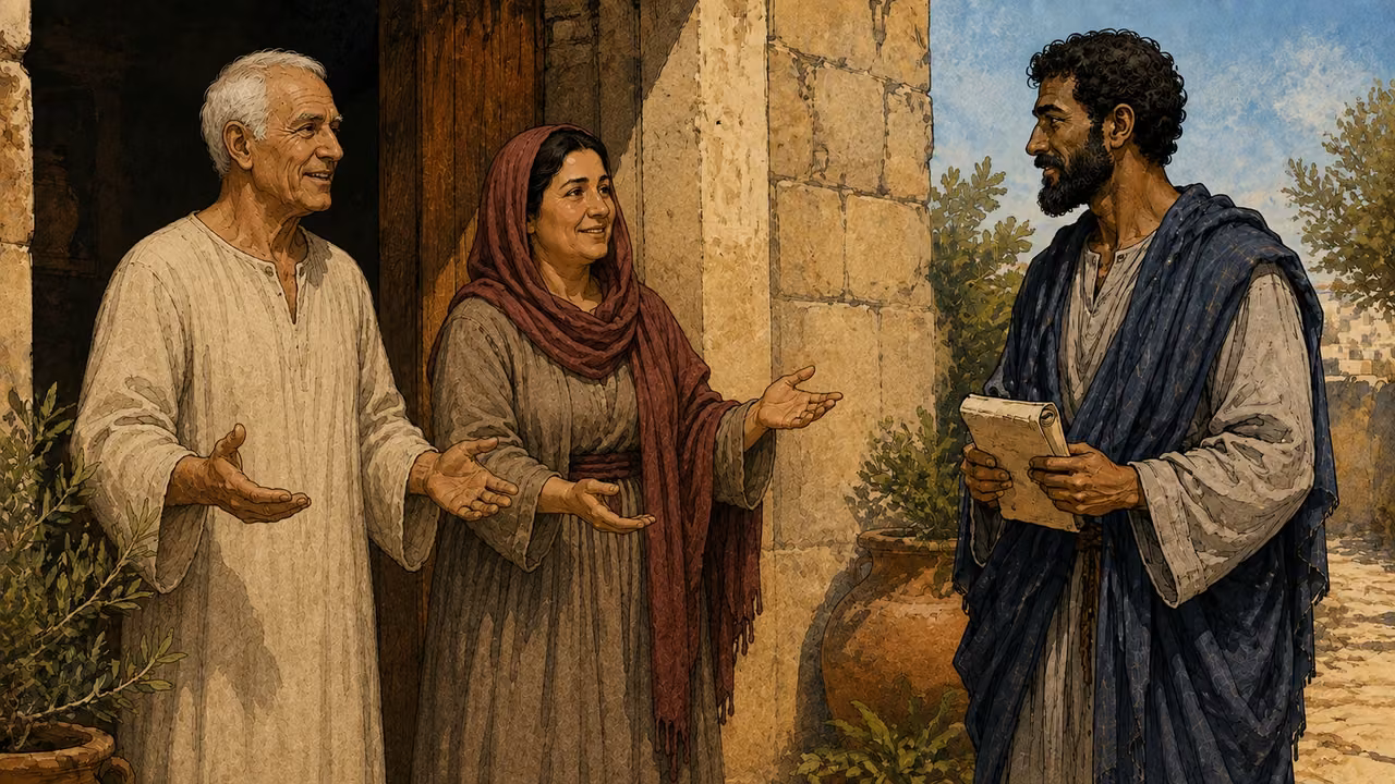 Apollos is welcomed by two believers at an Achaian house doorway, holding a folded papyrus letter with no readable text.