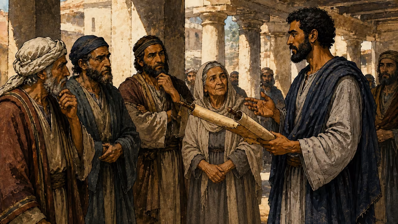 Apollos publicly reasons from an open scroll with several thoughtful and skeptical Jewish interlocutors in an Achaian colonnade.