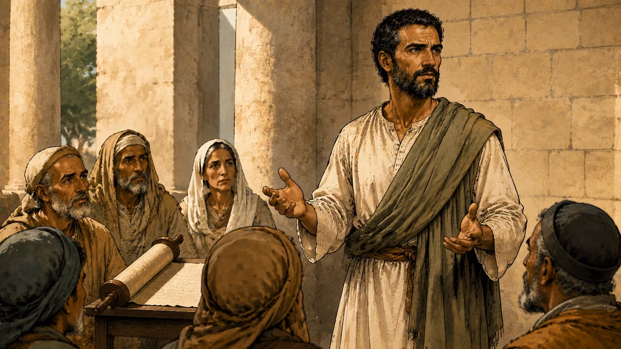 Paul reasons with attentive Jewish and Greek adults in a modest Corinth synagogue, open scroll without readable text, daylight.